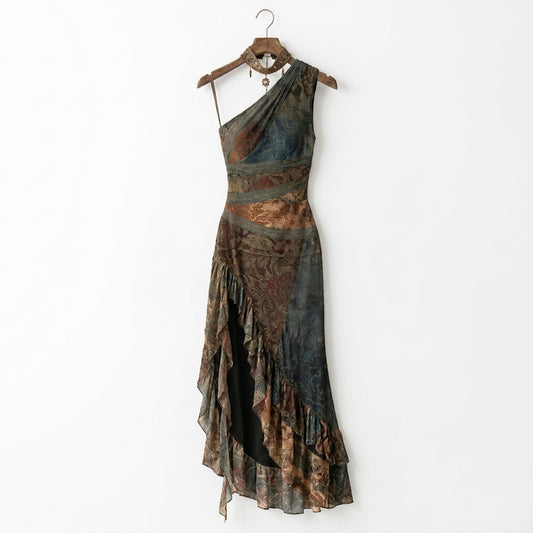 Vestido largo estampado de un solo hombro, de estilo étnico y con una abertura alta