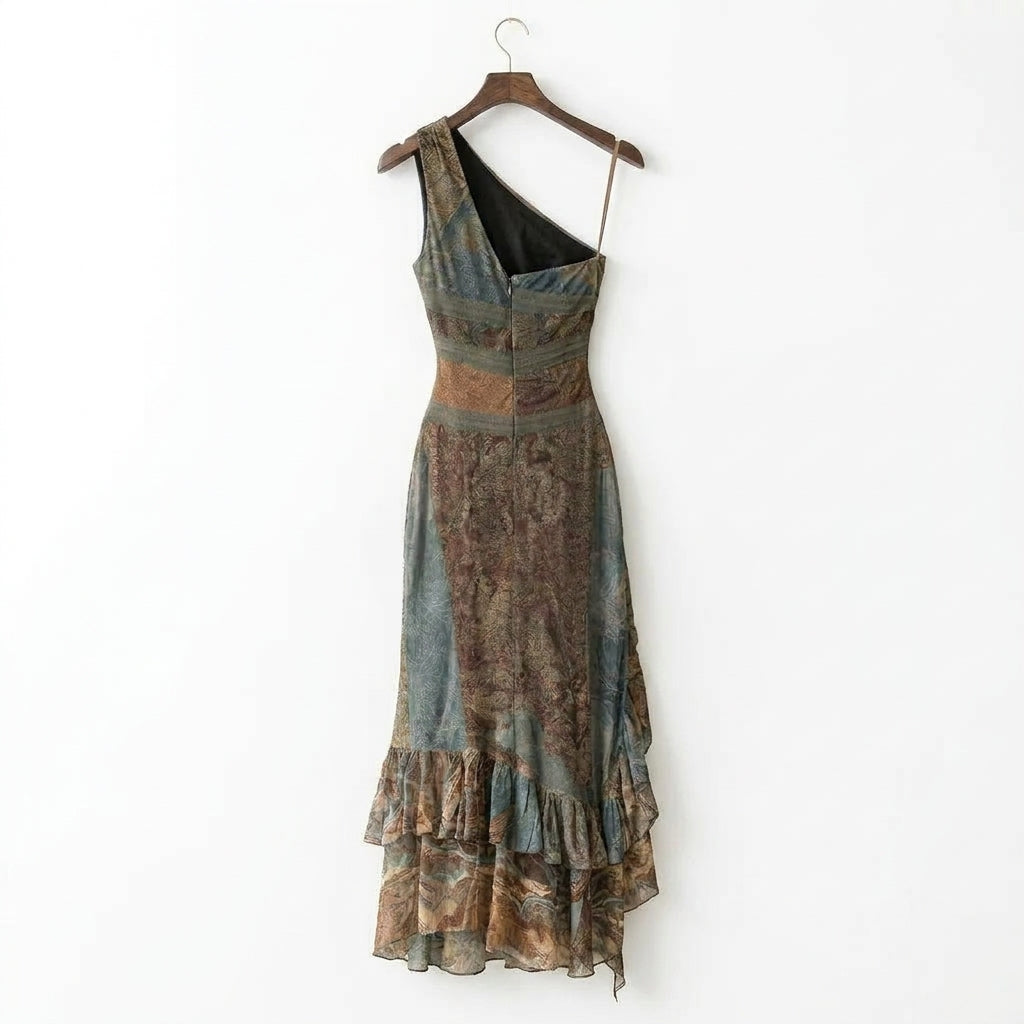 Vestido largo estampado de un solo hombro, de estilo étnico y con una abertura alta