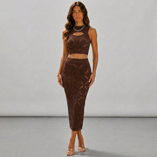 conjunto de top corto y minifalda de malla transparente con aberturas, top corto y minifalda
