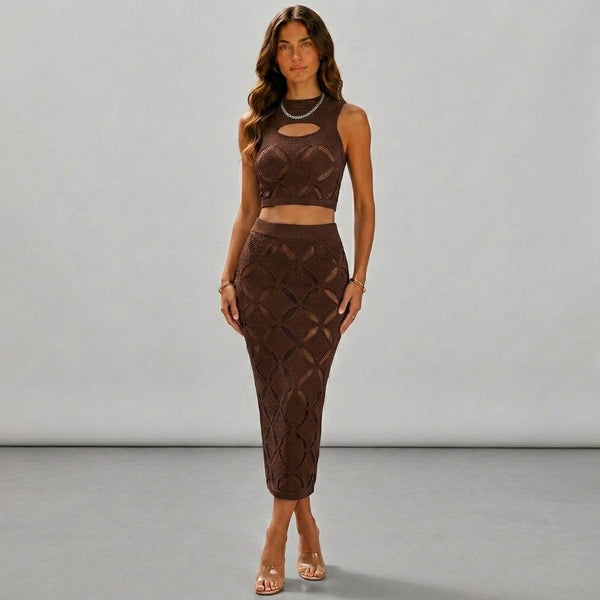 conjunto de top corto y minifalda de malla transparente con aberturas, top corto y minifalda