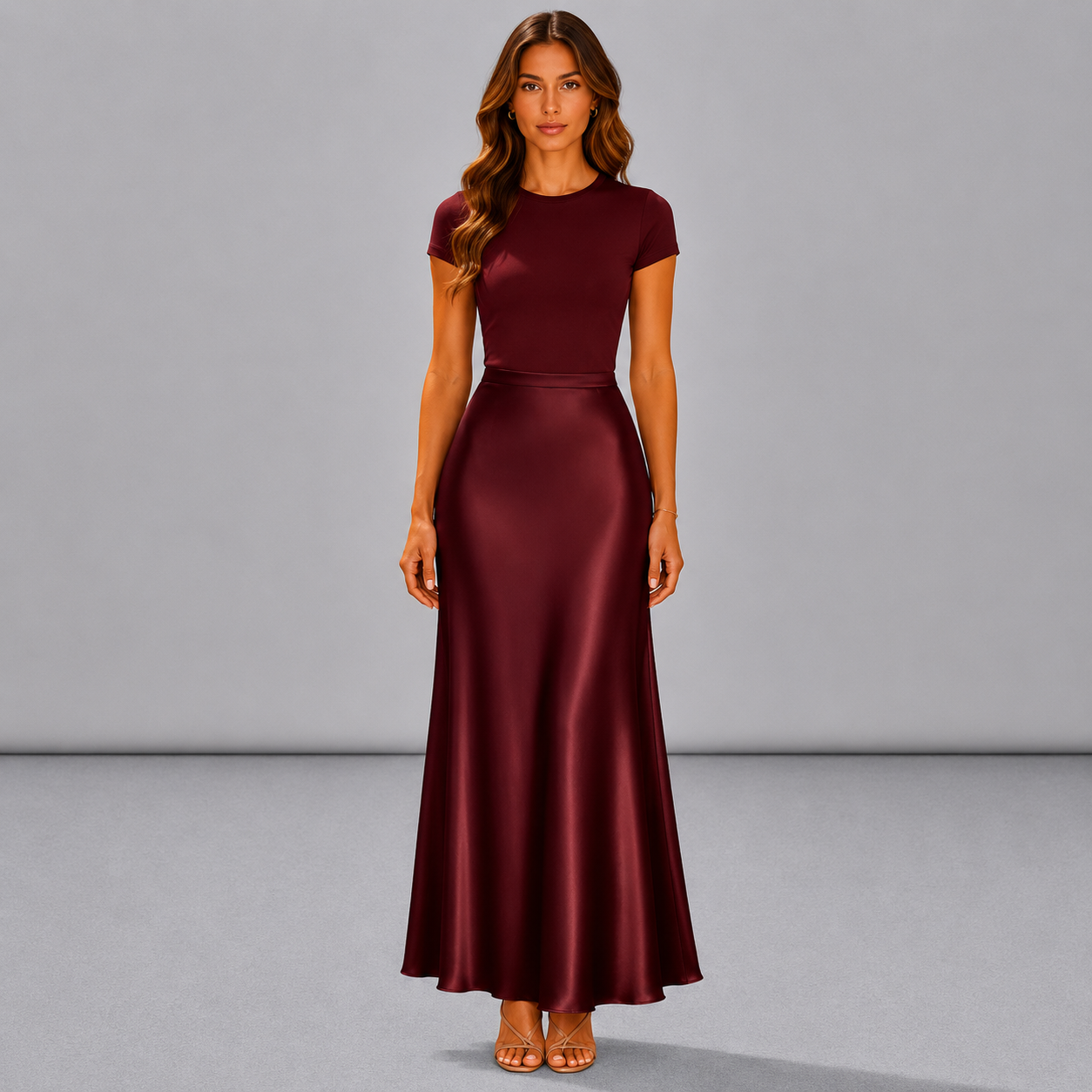 Elegante falda midi de satén similar a la seda con cintura alta y cola de sirena para mujer en primavera y verano