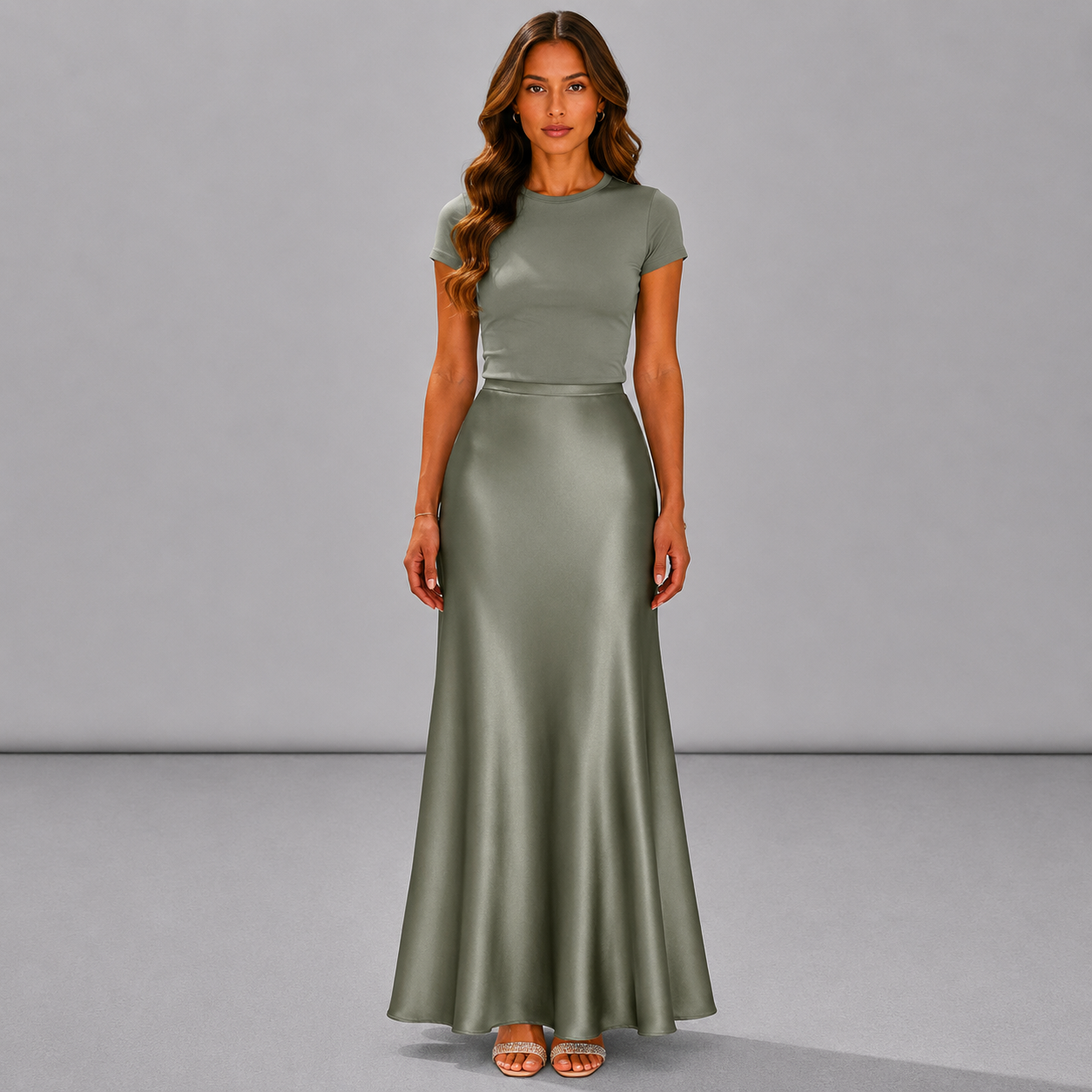Elegante falda midi de satén similar a la seda con cintura alta y cola de sirena para mujer en primavera y verano