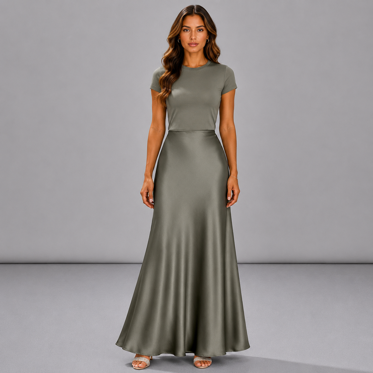 Elegante falda midi de satén similar a la seda con cintura alta y cola de sirena para mujer en primavera y verano