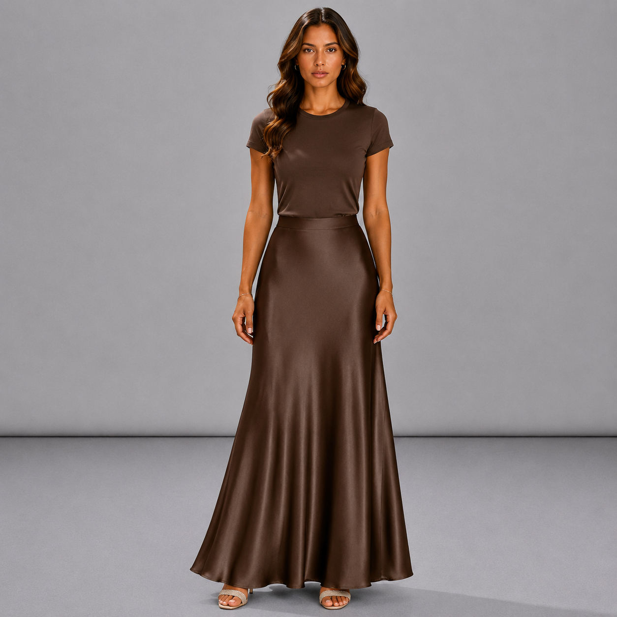 Elegante falda midi de satén similar a la seda con cintura alta y cola de sirena para mujer en primavera y verano
