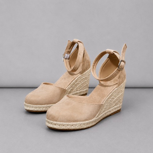 Sandalias de tacón de cuña de alpargata de gamuza Beige para mujer