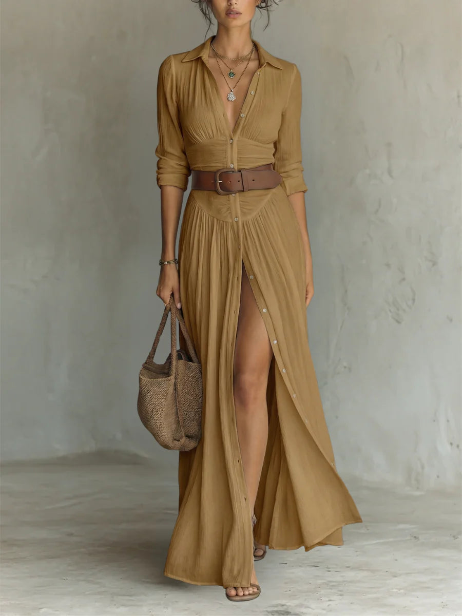 VESTIDO MAXI LARGO CON CUELLO ESCOTADO Y MANGA LARGA