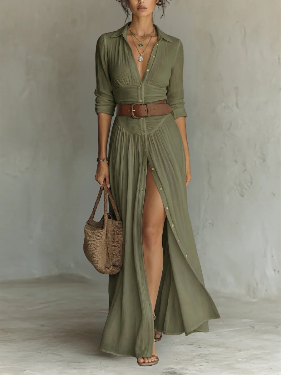 VESTIDO MAXI LARGO CON CUELLO ESCOTADO Y MANGA LARGA