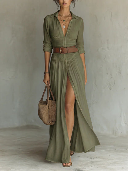 VESTIDO MAXI LARGO CON CUELLO ESCOTADO Y MANGA LARGA