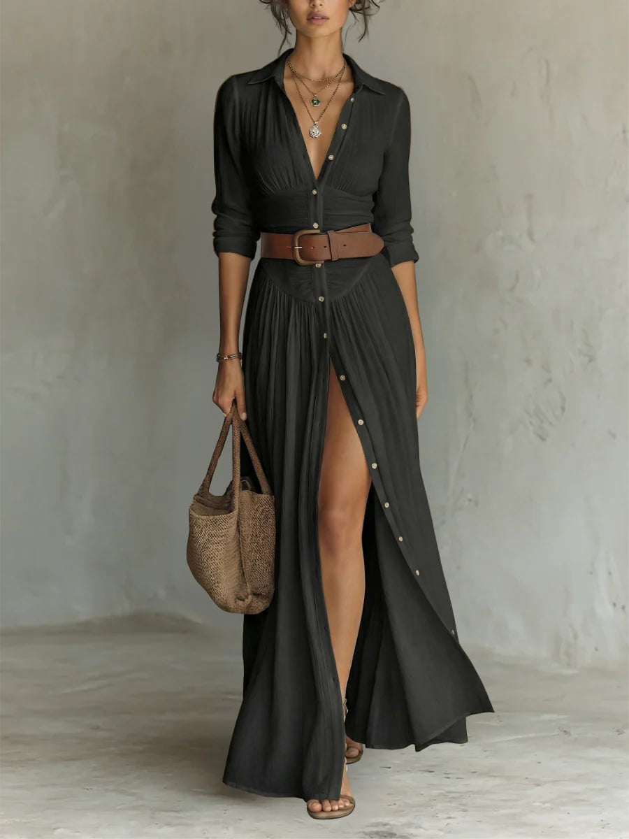 VESTIDO MAXI LARGO CON CUELLO ESCOTADO Y MANGA LARGA