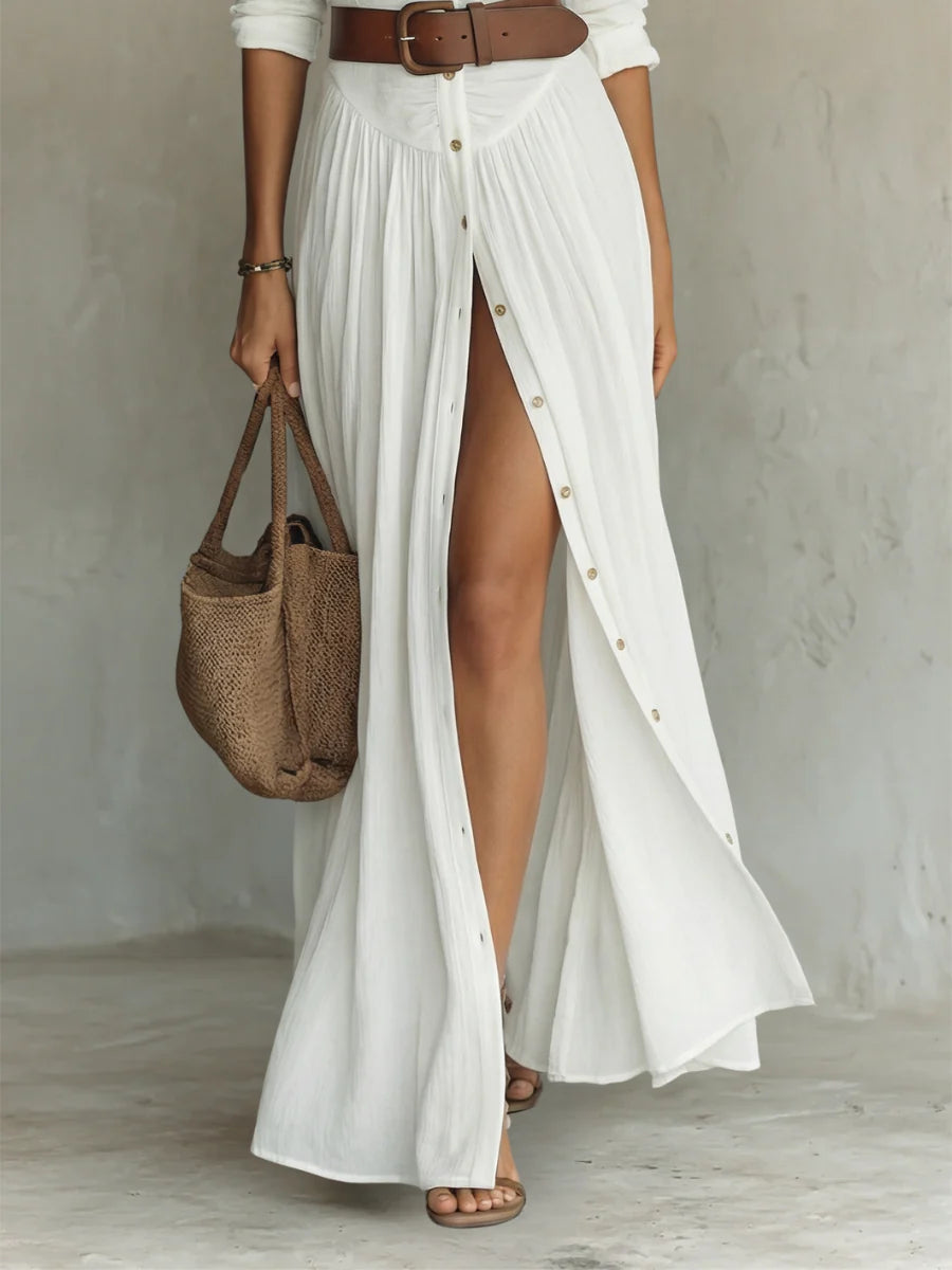 VESTIDO MAXI LARGO CON CUELLO ESCOTADO Y MANGA LARGA