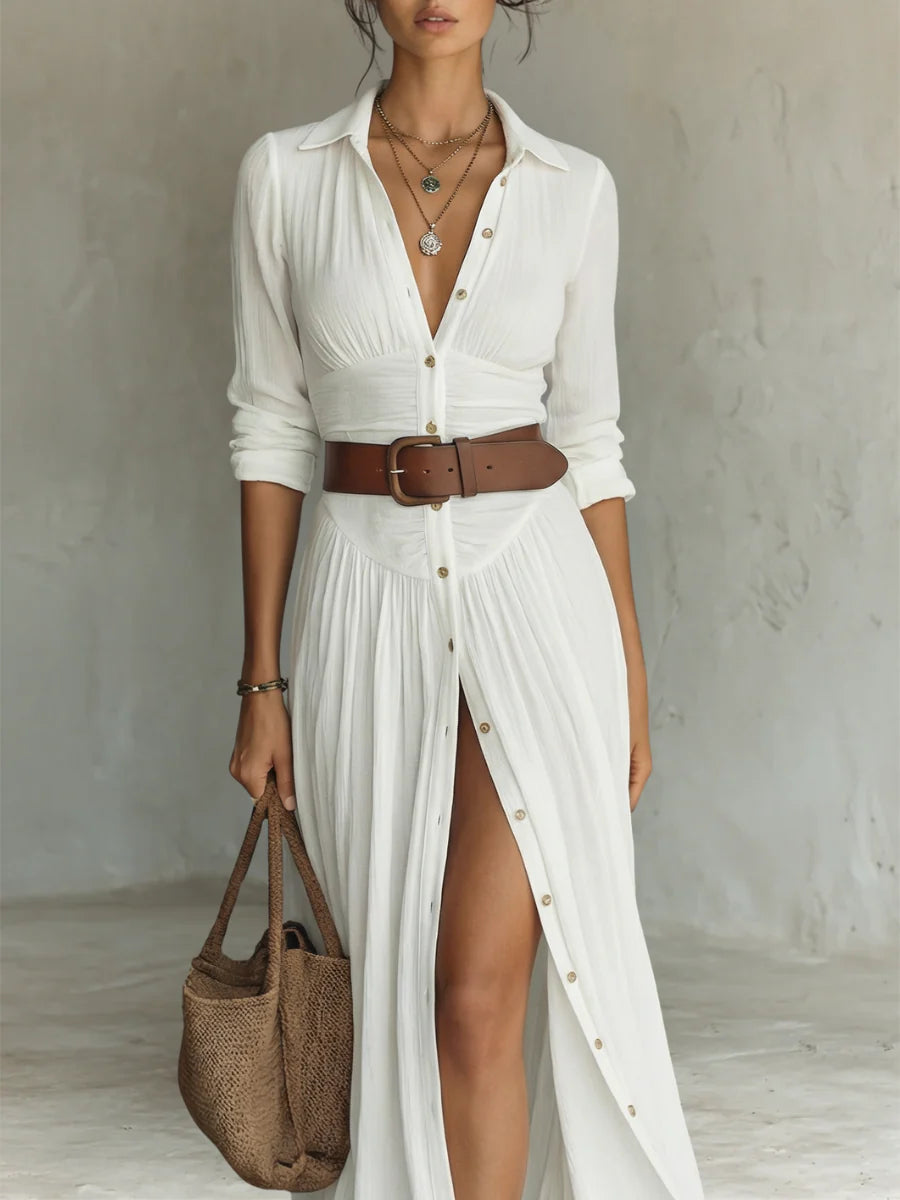 VESTIDO MAXI LARGO CON CUELLO ESCOTADO Y MANGA LARGA
