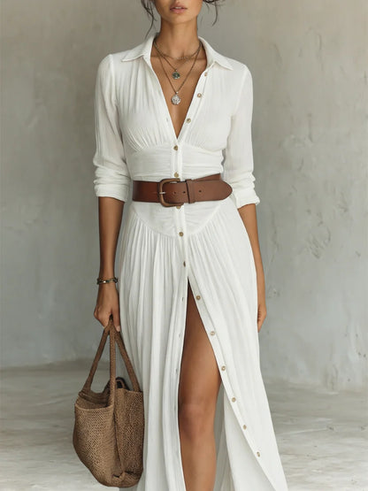 VESTIDO MAXI LARGO CON CUELLO ESCOTADO Y MANGA LARGA