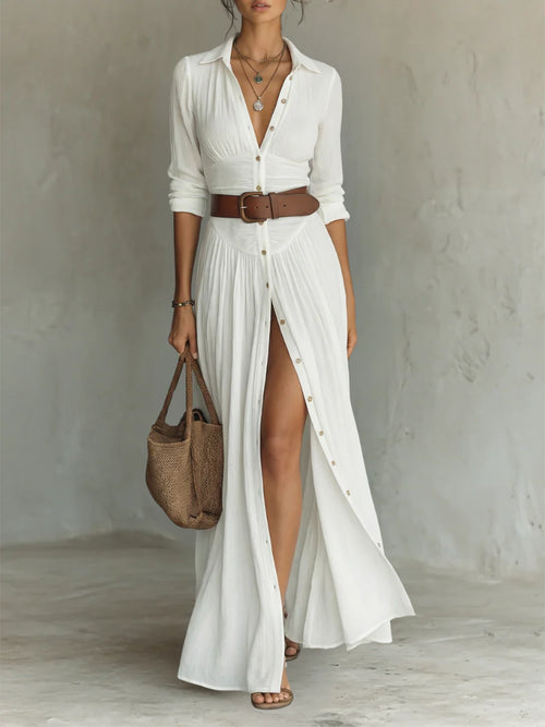 VESTIDO MAXI LARGO CON CUELLO ESCOTADO Y MANGA LARGA