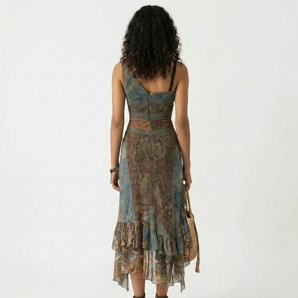 Vestido largo estampado de un solo hombro, de estilo étnico y con una abertura alta