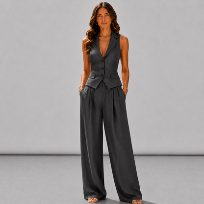 Conjunto de dos piezas para mujer con cuello en V y botones
