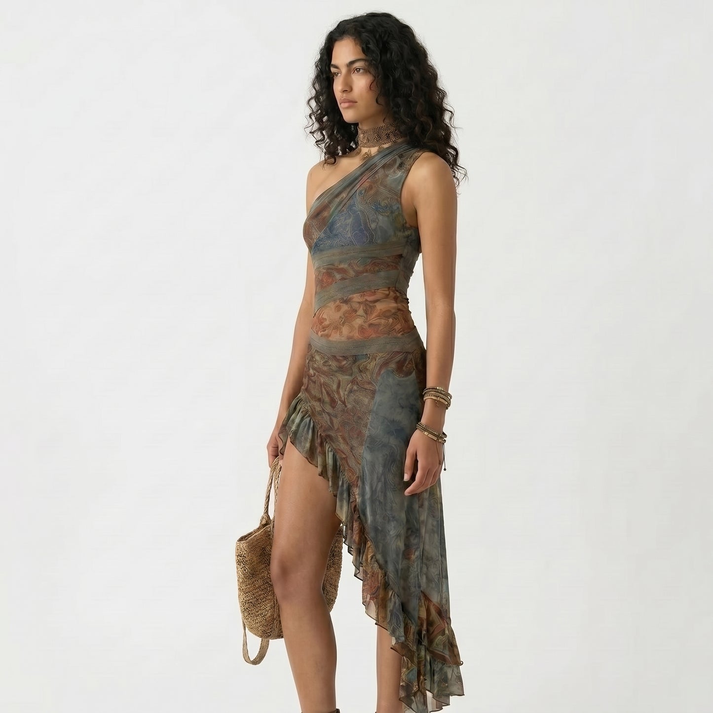 Vestido largo estampado de un solo hombro, de estilo étnico y con una abertura alta