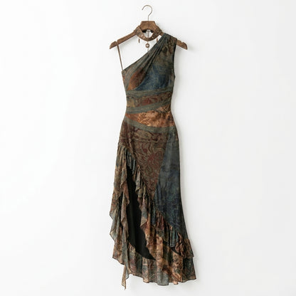 Vestido largo estampado de un solo hombro, de estilo étnico y con una abertura alta