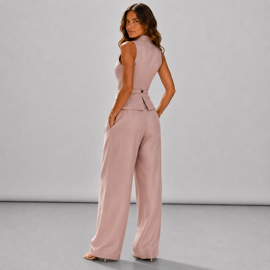 Conjunto de dos piezas para mujer con cuello en V y botones