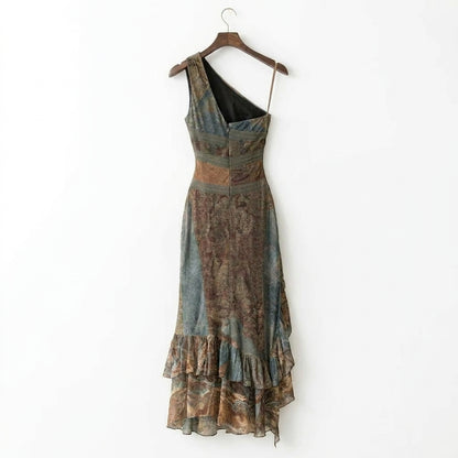 Vestido largo estampado de un solo hombro, de estilo étnico y con una abertura alta